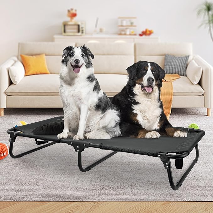 Elevated Dog Bed Large Sized Dog Cots Beds for Large Dogs Foldable Raised Dogs Beds Outdoor Cooling Chew-Proof, No Assembly Need, Black