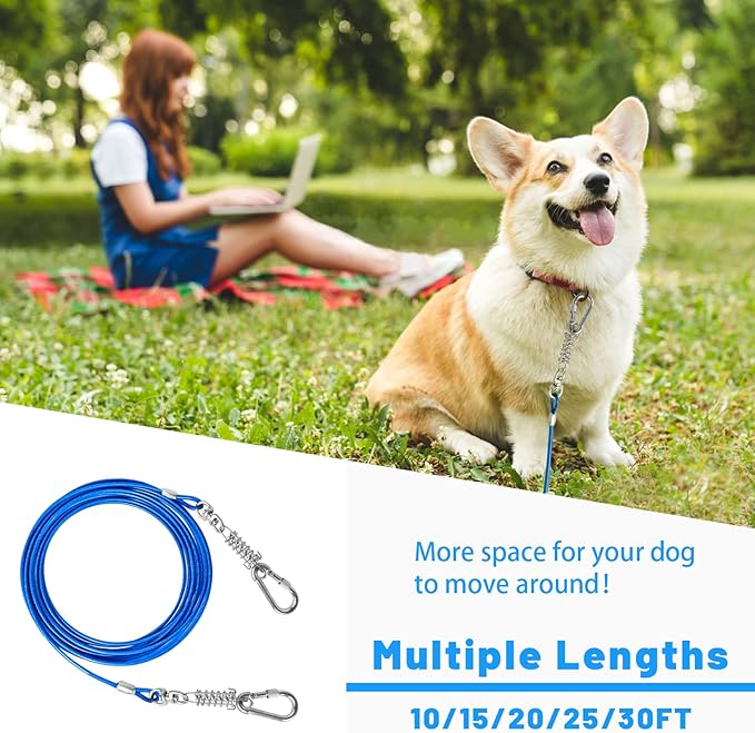 Dog Tie Out Cable 10/15/20/25/30FT Dog Run Cable Rosy Pink/Blue/Purple/Silver/Red/Green/YellowTie Out Cable for Large Dogs Heavy Duty for Outside Hold Large Dogs Up to 250LBS