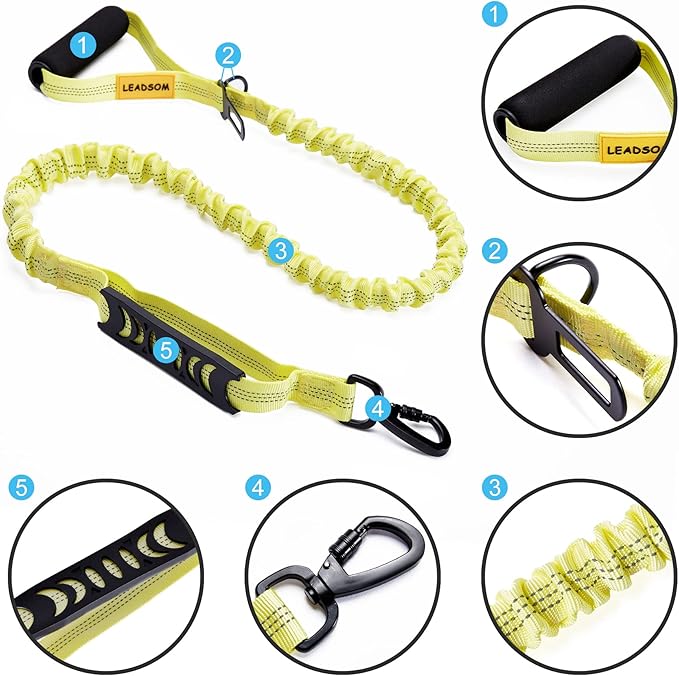 6FT Highly Reflective Heavy Duty Elastic Bungee Medium and Large Dog Leash Shock Absorbing with Comfortable Padded Handle and Traffic Handle Suitable for Training Yellow