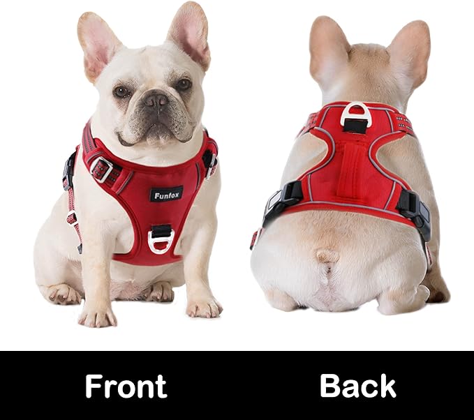 Funfox Dog Harness No Pull, Adjustable Pet Vest Harness, Super Soft Material with Vertical Handle Easy Control, Reflective Night Walking, 2 Leash Clips for XLarge Dogs, Red, XL
