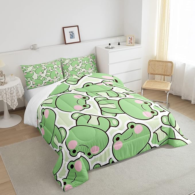 Frog Comforter Set Twin Size, Cartoon Frog Bedding Set For Kids Boys Girls Teens, Kawaii Green Wild Animals Down Comforter, Cute Wildlife Farmhouse Rustic Funny Quilt Set 1 Pillow Case Bedroom Decor