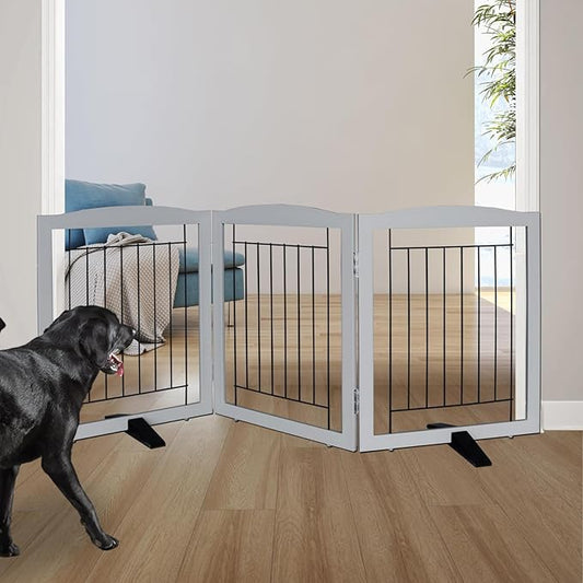 ZJSF Freestanding Dog Fence Indoor, Foldable Dog Gate for Doorways, Stairs or Hallways, Sturdy Wood Extra Wide Pet Gate with Support Feet for The House, Grey, 24 "Height-3 Panels
