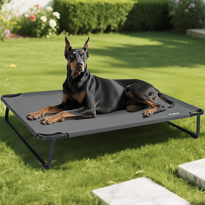 Elevated Dog Bed, Outdoor Dog Bed Raised Bed Cooling Waterproof Pet Beds Cots Stable and Easy Assembly, Teslin Fabric with 1.2mm Thick Iron Frame, Breathable, Ultra-Sturdy,Grey, 48 * 32 * 8.7