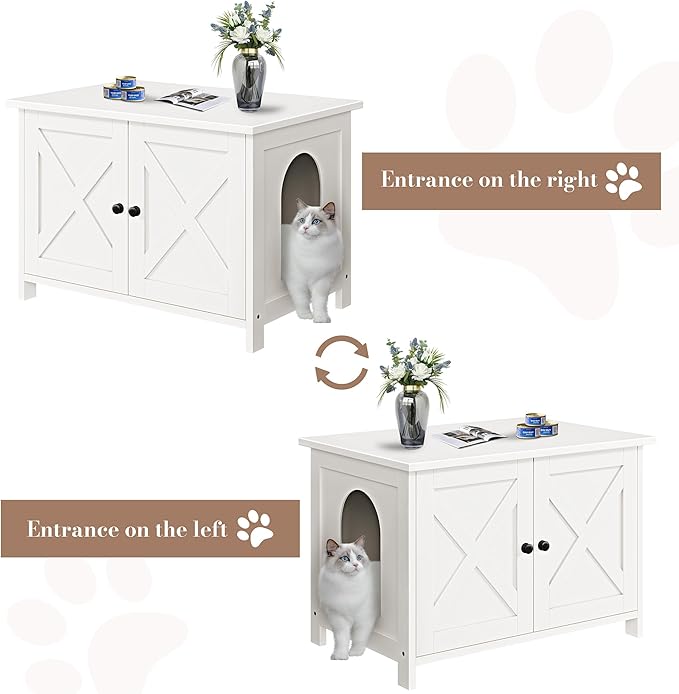 JY QAQA Cat Litter Box Enclosure,Litter Box Furniture Hidden with Barn Door,Wooden Cat Washroom Furniture,Cat House,Fit Most of Litter Box,White