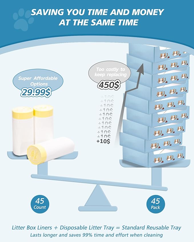 KONE 45 Count Litter Box Liners, Pet* Scoopfree Self-Cleaning Box Liners, Automatic Kitty Litter Bags, Thickened & Leak-Proof Drawstring Cat Litter Waste Bags, Disposable Refill Tray Rectangle Bags