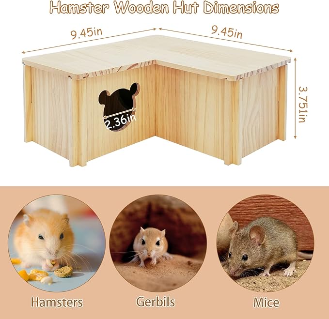 Fhiny Wooden Hamster House, Multi-Chamber Hamster Hideout & Tunnel Detachable Activity Room Exploring Toys Rats Habitat Decor for Dwarf Hamsters Gerbils Mice Lemmings (Small)