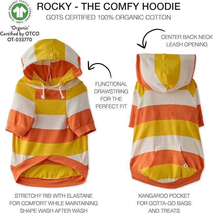 Rocky – The Orginal Lightweight Hooded TEE 100% Organic Cotton Dog Hoodie Pet Coat Sweater for Small, Medium, Large Dogs, Candy Corn, Small