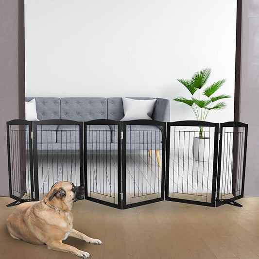 ZJSF Freestanding Dog Fence Indoor, Foldable Dog Gate for Doorways, Stairs or Hallways, Sturdy Wood Extra Wide Pet Gate with Support Feet for The House, Black, 32 "Height-6 Panels