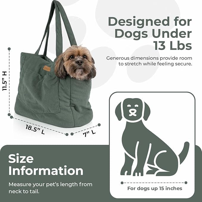 Corduroy Dog Carrier - Lightweight Cotton Soft-Sided Pet Tote with Safety Harness Clip - Breathable Travel Carrier for Small Dogs and Puppies (Green)