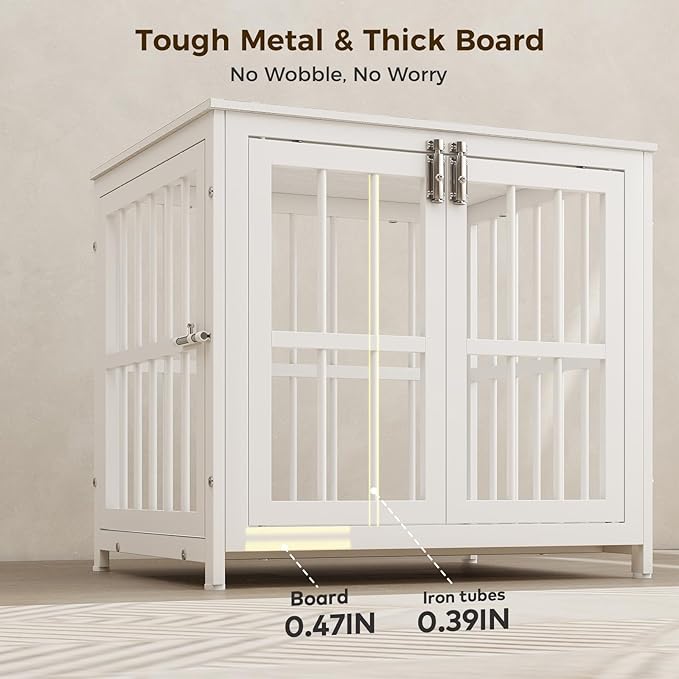 26 Inch Heavy Duty Wooden Dog Kennel End Table with Double Door Design and Secure Locks, Indoor Pet Crate Furniture for Small Dogs, Decorative Home Cage Design,White