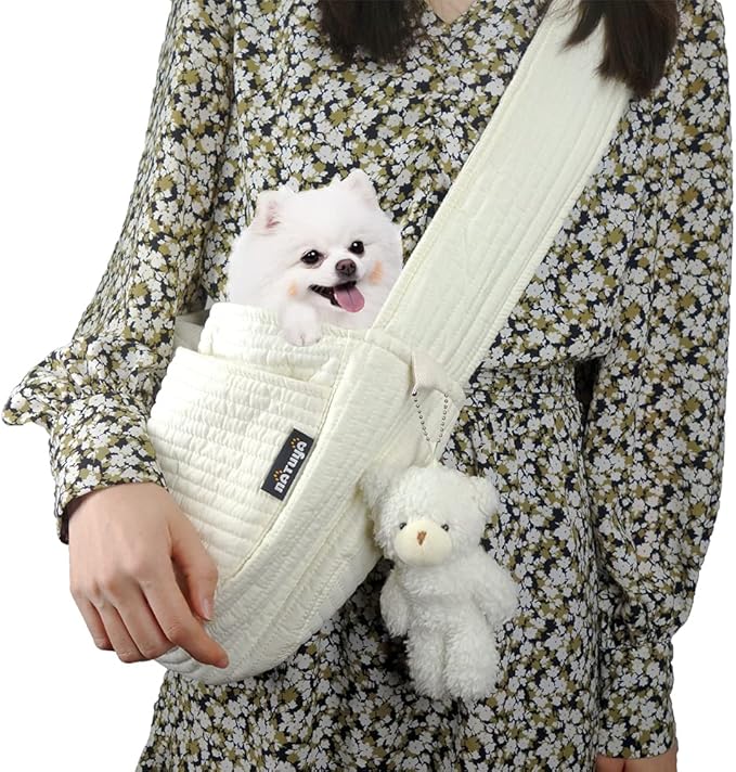 NATUYA Small Dog Carrier Sling Cat Sling-Dog Slings for Carrying Small Dogs-Adjustable Strap Hand Free Pet Puppy for Outdoor Traveling Subway (White, Canvas-Adjustable Strap)