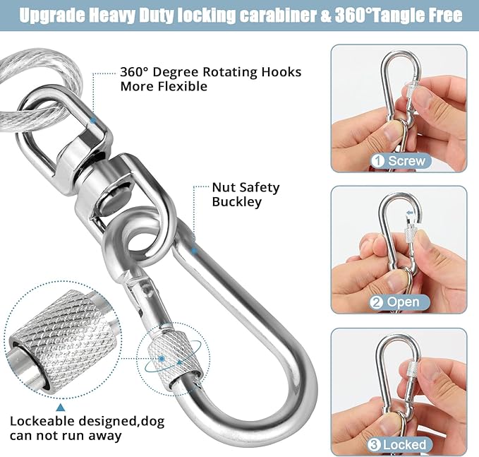Jenico Dog Tie Out Cable, 10/15/20/30/40/50/70/100/150FT Runner Cable with Swivel Hook and Shock Spring, Yard and Camping Dog Leash Run Tether, Up to 500 LBS