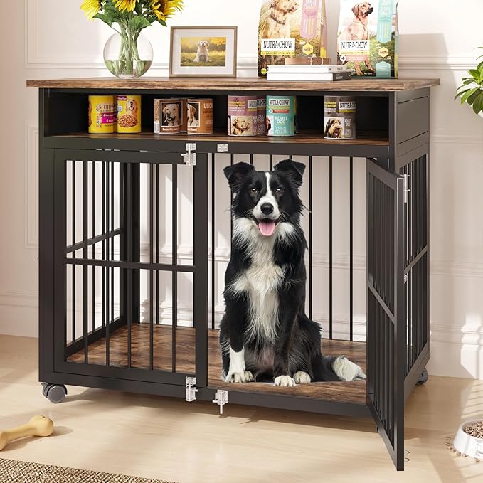 39.4" Dog Crate Furniture for Medium and Large Breed, Dog Kennel Furniture with Storage Shelf & Lockable Wheels, Heavy Duty Wooden End Side Table Pet Cage Indoor, Chew-Resistant, Brown