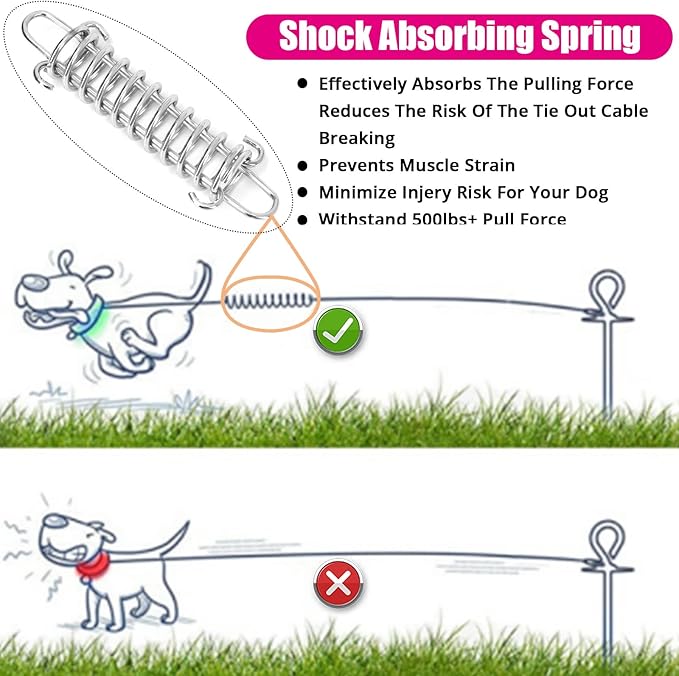 jenico Dog Tie Out Cable, 10/15/20/30/40/50/70/100/150FT Runner Cable with Swivel Hook and Shock Spring, Dog Leash Run Tether for Yard Outdoor and Camping,for Small to Medium Pets Up to 500 LBS
