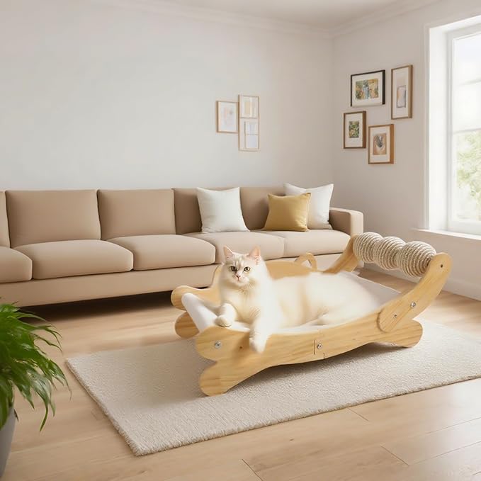 Cat Scratcher Bed for Indoor Cats | 3-in-1 Scratching Post & Hammock Lounge with Wooden Perch, No-Tip Stable Base for Small/Medium/Large Cats ,Durable Scratch Pad & Cat Furniture (Easy Assembly)