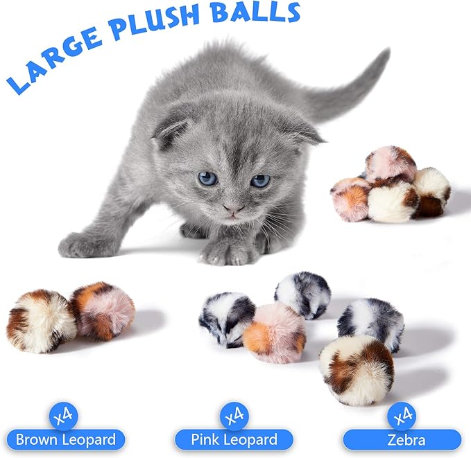 Weewooday 12 Pieces Cat Pom Pom Balls Toys Large Fuzzy Cat Ball Artificial Large Plush Ball for Cats Pets Interactive Playing Indoor(Pink,Leopard)
