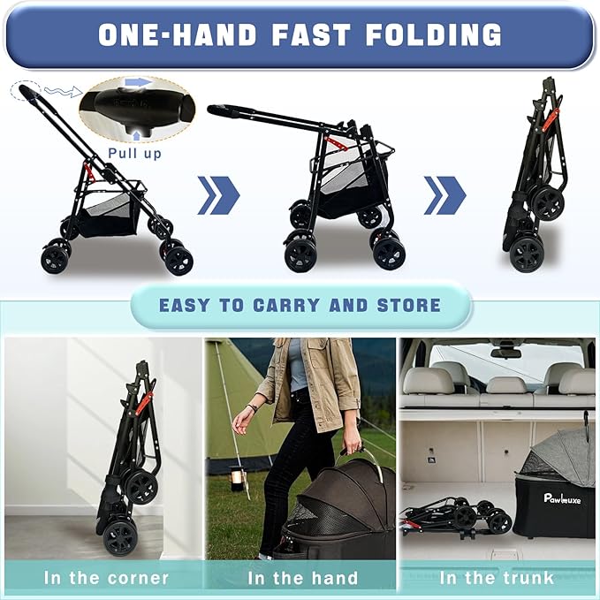 4 Wheels Pet Stroller 4 in 1 Pet Stroller with Detachable Carrier for Small & Medium Dogs Cats up to 55 lbs Easy-Folding Travel Dog Wagon with Car Seat Breathable Mesh,Gray