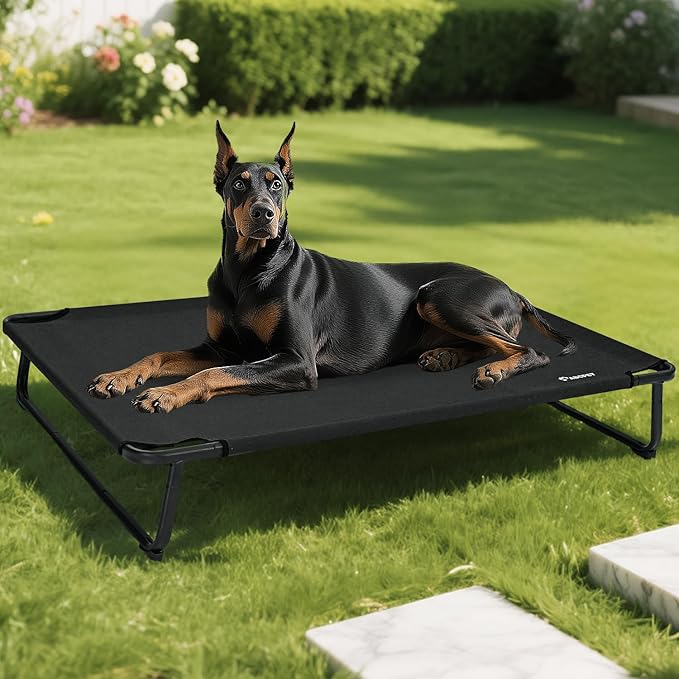 Cooling Elevated Dog Bed, Raised Outdoor Dog Bed Waterproof Pet Beds Cots Stable and Easy Assembly, Teslin Fabric with 1.2mm Thick Iron Frame, Breathable, Ultra-Sturdy,Black, 48 * 32 * 8.7
