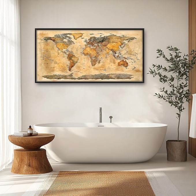 Extra Large World Map Framed Wall Art for Living Room,Oversized Vintage Map of The World Pictures Wall Decor,Canvas Print Painting Modern Artwork Bedroom Office Bathroom 60L" x 30W"