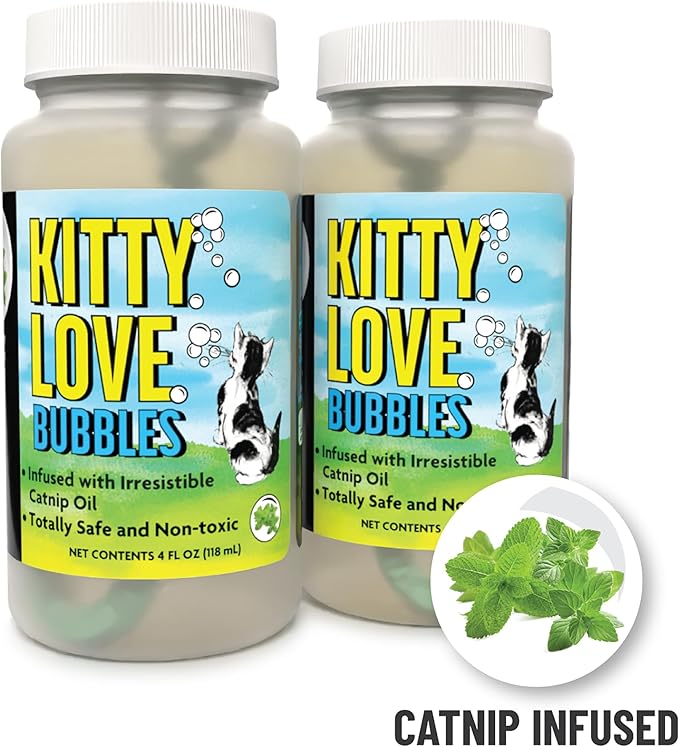 Kitty Love Bubbles: 2 Pack Catnip Scented - 4oz Bottles, Catnip Infused Long Lasting Bubbles For Cats, Non-Toxic & Allergen-Free, Combine Toy & Treat
