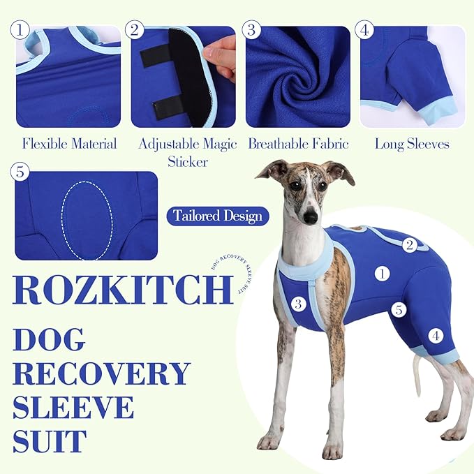 ROZKITCH Dog Surgery Leg Sleeve Rear Legs, Male Female Pet Prevent Licking Wound Elbow Knee Protector, Dog Recovery Suit Cone Collar Alternative Pants Shirt for Wound Heal Wrap Blue 2XL