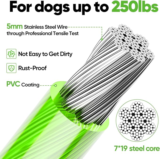 Tresbro 70FT Reflective Tie Out Cable for Dogs Up to 250 Pounds, Steel Wire Dog Leash Cable with Stainless Rotatable Buckle, Lightweight and Enduring, Dog Chains Outside for Outdoor Yard, Green