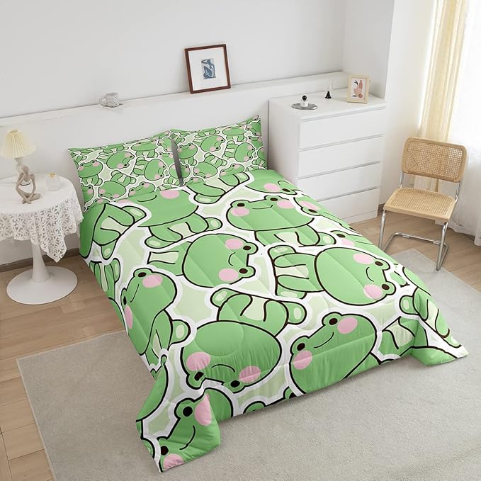 Frog Comforter Set Twin Size, Cartoon Frog Bedding Set For Kids Boys Girls Teens, Kawaii Green Wild Animals Down Comforter, Cute Wildlife Farmhouse Rustic Funny Quilt Set 1 Pillow Case Bedroom Decor