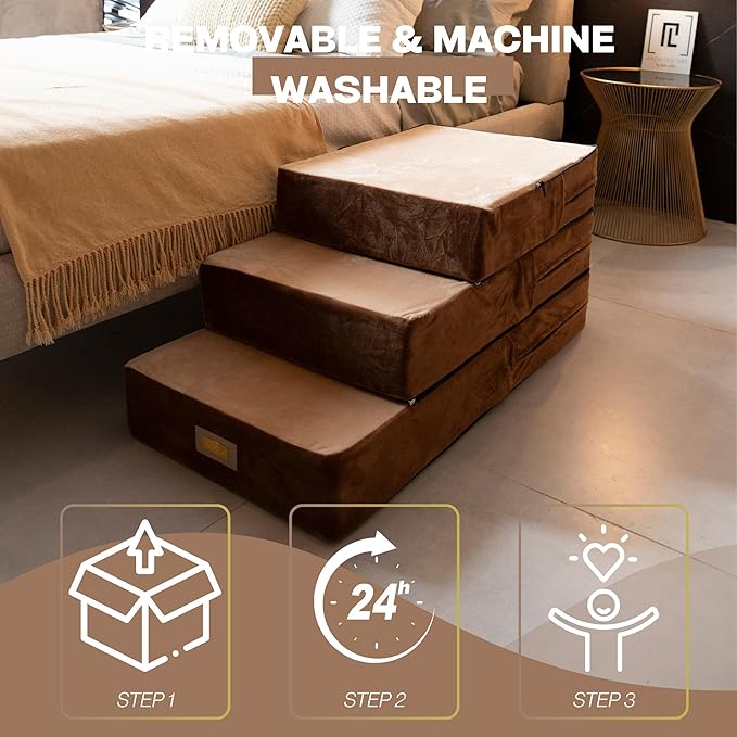 All-in-One Adjustable Dog Stairs – 5-Step Premium Pet Ramp for Small to Large Dogs – Sturdy, Non-Slip & Versatile for Beds, Sofas & More - Soft Cover, Modern Design (Brown)