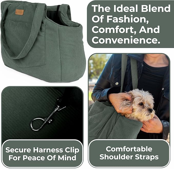 Corduroy Dog Carrier - Lightweight Cotton Soft-Sided Pet Tote with Safety Harness Clip - Breathable Travel Carrier for Small Dogs and Puppies (Green)