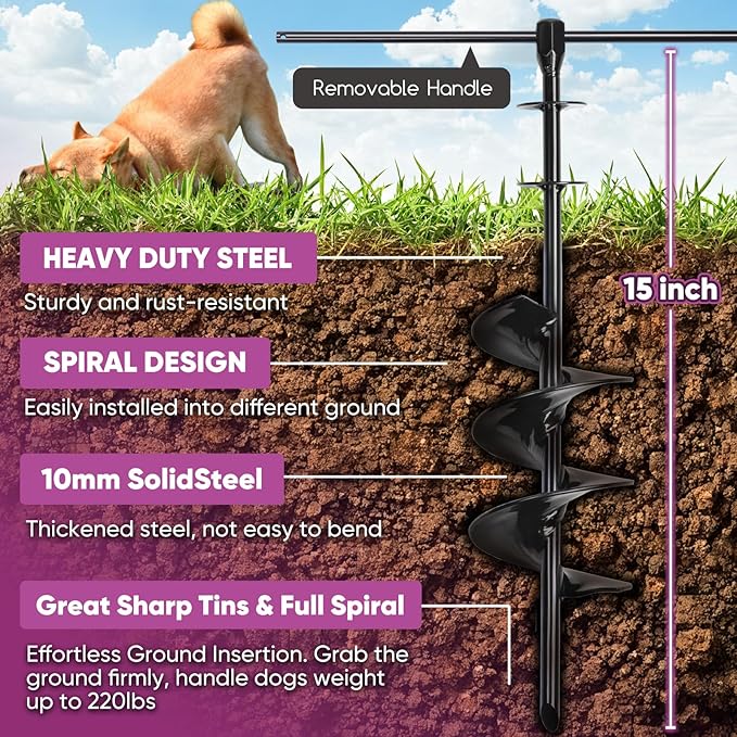 Heavy Duty Dog Tie Out Cable 30ft with Stake - 360° No Tangle Swivel, Spiral Anchor for Dogs up to 210 lbs, Yard Camping Use