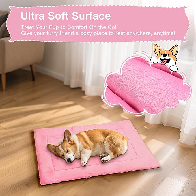 Kritter Planet Waterproof Foldable Dog Bed Pad for Camping & Travel, Portable Roll-Up Dog Bed Car Seat Pet Cushion Mat with Handles for Small & Medium Dogs, Indoor & Outdoor Use, Pink