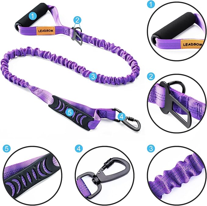 6FT Highly Reflective Heavy Duty Elastic Bungee Medium and Large Dog Leash Shock Absorbing with Comfortable Padded Handle and Traffic Handle Suitable for Training