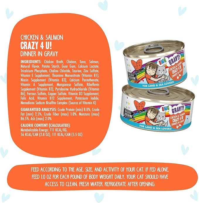 Weruva B.F.F. OMG - Best Feline Friend Oh My Gravy! Grain-Free Wet Cat Food Cans, Crazy 4 U! Chicken & Salmon, 5.5-Ounce Can (Pack of 8)