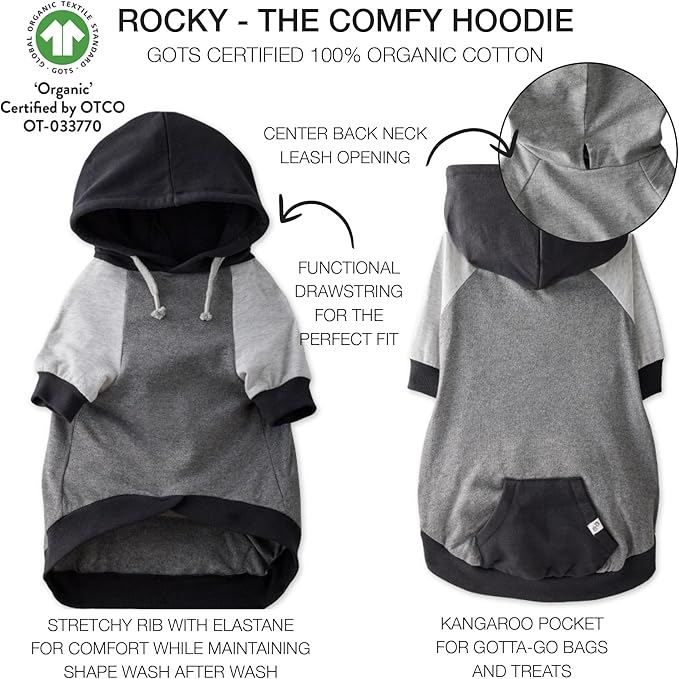 Rocky – The Orginal Lightweight Hooded TEE 100% Organic Cotton Dog Hoodie Pet Coat Sweater for Small, Medium, Large Dogs, Black Color Block, Large
