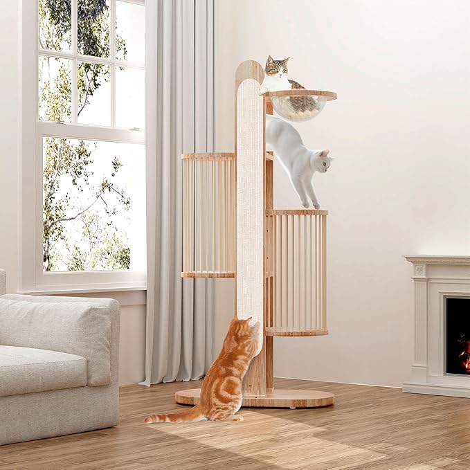 Modern Cat Tree Tower for Indoor Cats, 67" Tall Solid Wooden Cat Tower with Scratching Posts, 6 Level Natural Luxury Cat House with Big Bed, Washable Cushions Cat Furniture for Large Cats White