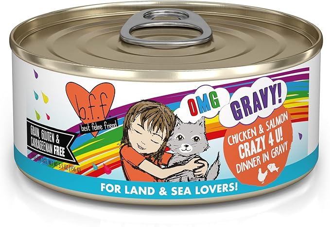Weruva B.F.F. OMG - Best Feline Friend Oh My Gravy! Grain-Free Wet Cat Food Cans, Crazy 4 U! Chicken & Salmon, 5.5-Ounce Can (Pack of 8)