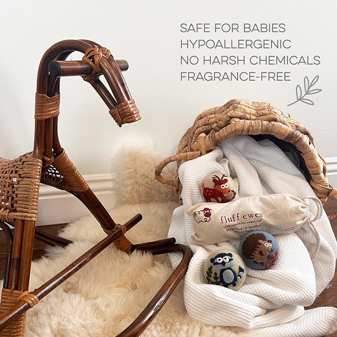 Fluff Ewes Wool Dryer Balls 3 Pack Premium New Zealand Wool Laundry Balls for Dryer, No Static Dryer Balls Laundry Reusable, XL Hedgehog Dryer Balls, Baby Dryer Balls for Dryers - Hedgehog and Homies