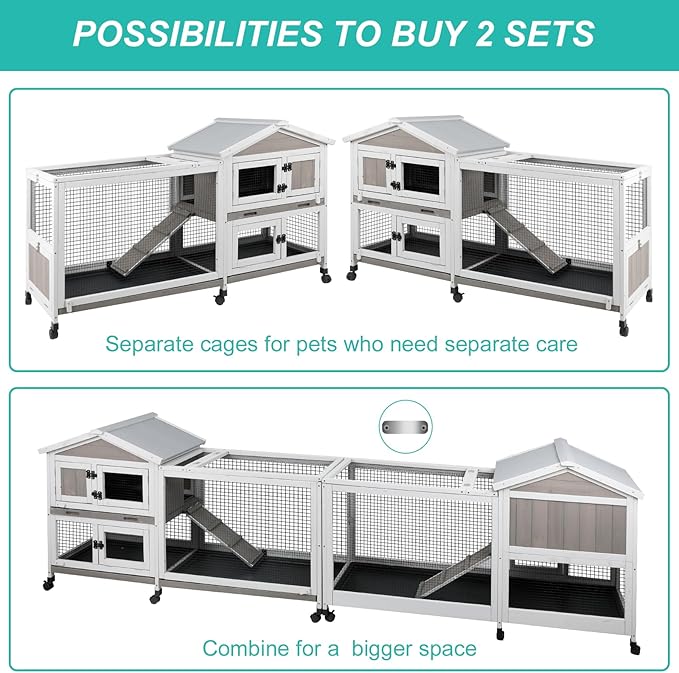 2-Tier Rabbit Hutch with Wheels, Indoor & Outdoor Small Animal Cage with Deep Pull-Out Tray, Anti-Chew Frame, Habitat for Bunny, Guinea Pig, Chinchilla (60" L x 19" W x 35" H)