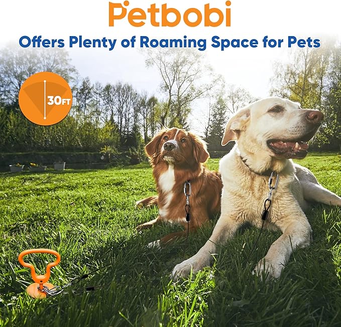 Petbobi Heavy Duty Dog Tie Out Cable and Stake - 30FT Steel Wire Dog Leads for Large Dogs Up to 300lbs, Anti Rust Spiral Stake with Strong Leash & 360° Swivel Hooks - Ideal for Yard, Outdoor & Camping