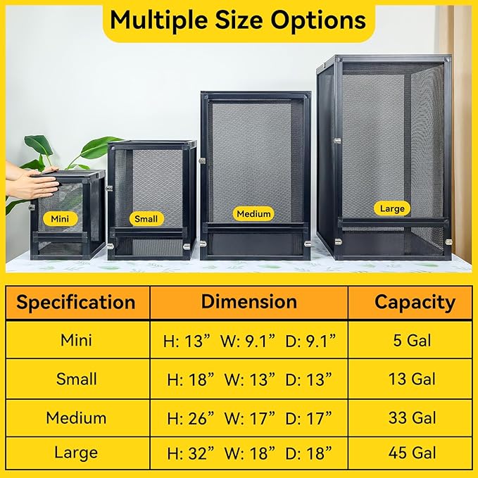 13 Gallon 360° Panoramic Foldable Reptile Terrarium Kit: Crested Gecko Tank and Reptile Cage for Superior Ventilation, Easy Feeding, Sturdiness, and Simple Assembly (Black, 18"x13"x13")