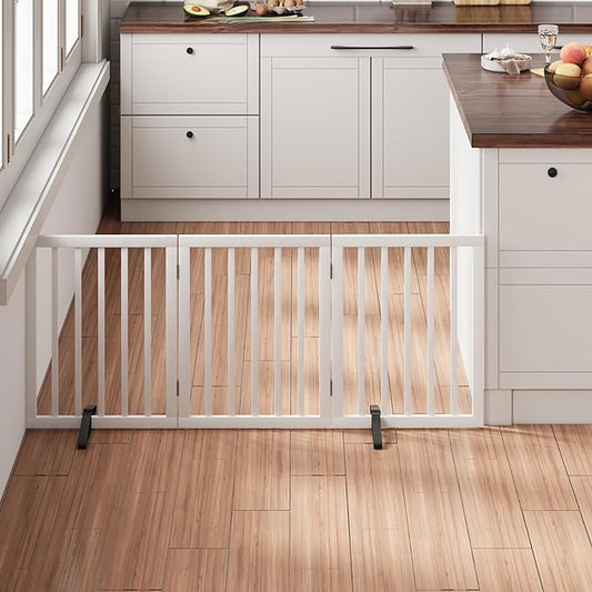 White 18-55" Wide Pet Gate, Bamboo Dog Gate for Stair, Foldable Dog Gates for Doorways House, Freestanding Pet Gates 24inches Tall, Doogie Puppy Gate Fences Indoor
