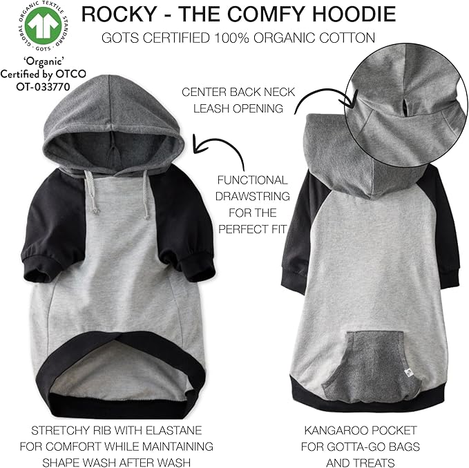 Rocky – The Orginal Lightweight Hooded TEE 100% Organic Cotton Dog Hoodie Pet Coat Sweater for Small, Medium, Large Dogs, Heather Gray Color Block, XX-Small