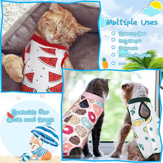 Nuanchu 3 Pieces Cat Recovery Suit Kitten Recovery Suit E-Collar Alternative for Cats and Dogs Abdominal Skin Anti Licking Pajama Clothes Sets(Watermelon Pattern,Small)