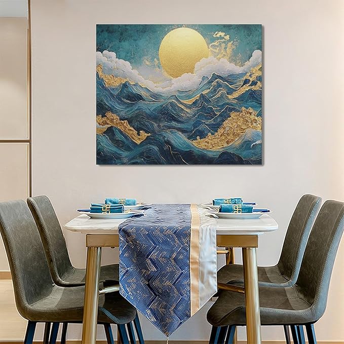 Framed Large Sun Mountain Wall Art, Oversized Teal and Golden Sun Wall Decor for Living Room, Abstract Landscape Canvas Painting Modern Artwork Home Decoration for Living Room Bedroom 60"x30"