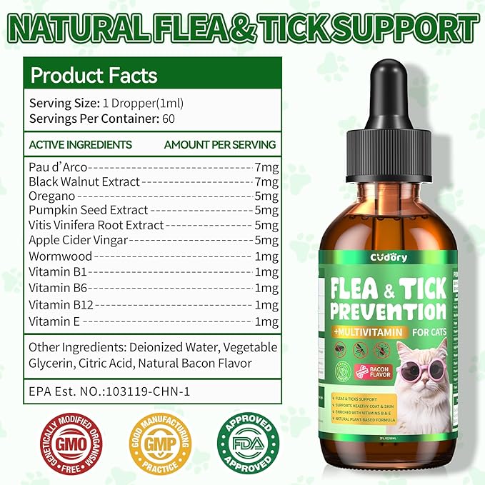 Flea & Tick Support for Cats – Natural Herbal Drops with Multivitamin – Fleas and Ticks Comfort Formula for Cat All Breeds & Ages – Bacon Flavor