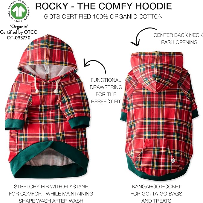 Rocky – The Orginal Lightweight Hooded TEE 100% Organic Cotton Dog Hoodie Pet Coat Sweater for Small, Medium, Large Dogs, Royal Stewart Plaid, X-Small