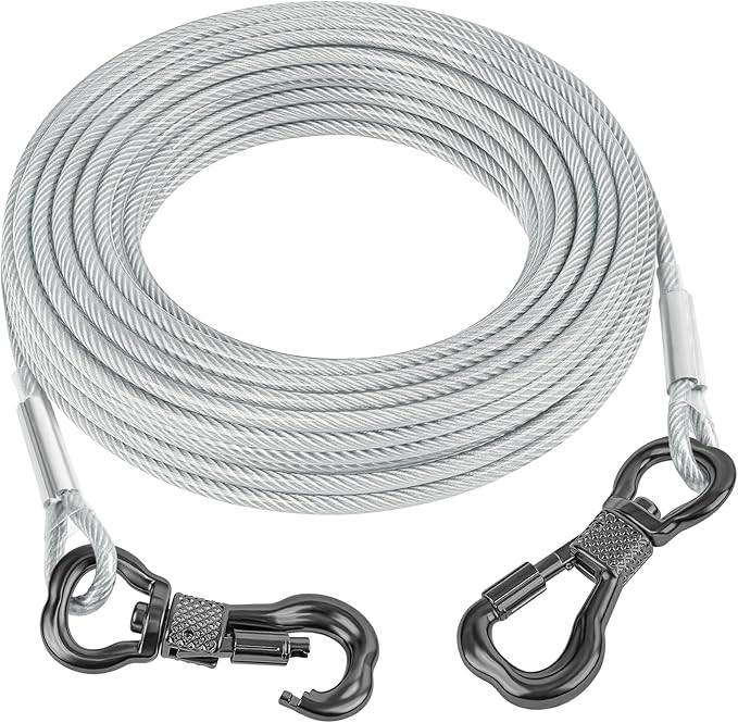 Tresbro 15FT Reflective Tie Out Cable for Dogs Up to 250 Pounds, Steel Wire Lead Leash Cable with Stainless Dual Fix Buckle, Lightweight and Enduring, Dog Chains Outside for Outdoor,Yard,Camping