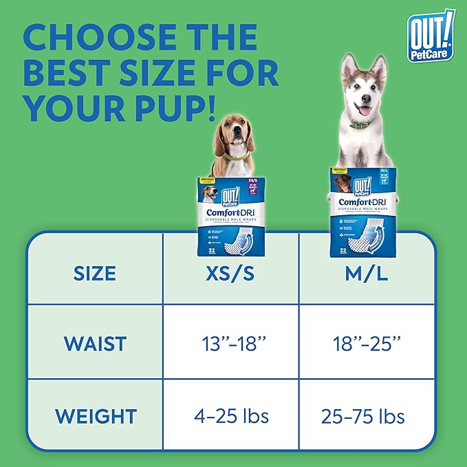 Out! PetCare Disposable Dog Diapers Male, Puppy Belly Band, Potty Training, Doggie Diapers, Belly Bands for Male Dogs, Puppy Training, Incontinence, (XS/S, 32ct)
