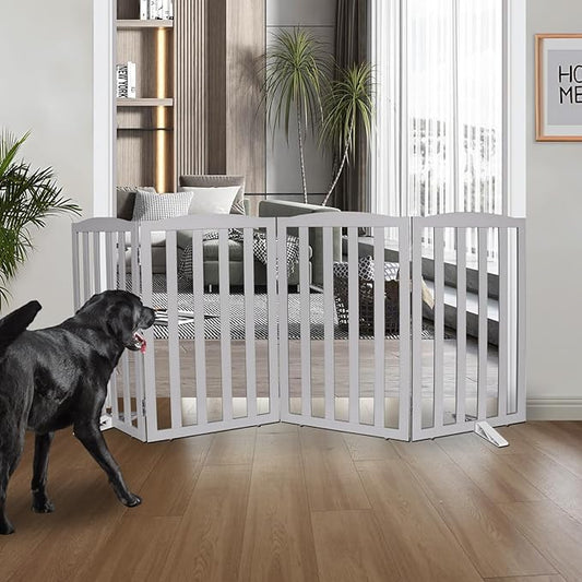 ZJSF Foldable Freestanding Indoor Dog Gate for House Wood Long Pet Gates Dog Fence for Stairs Puppy Gates for Hallways, Puppy Gate,Support Feet Included, Grey, 32 "Height-4 Panels