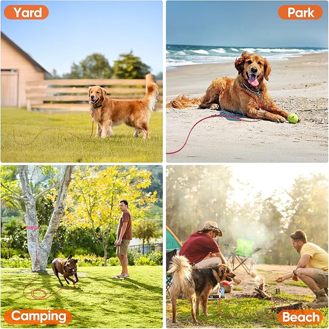 Tresbro 60FT Red Reflective Tie Out Cable for Dogs Up to 250 Pounds, Steel Wire Lead Leash with Stainless Rotatable Buckle, Lightweight and Enduring, Dog Chains Outside for Outdoor,Yard,Camping